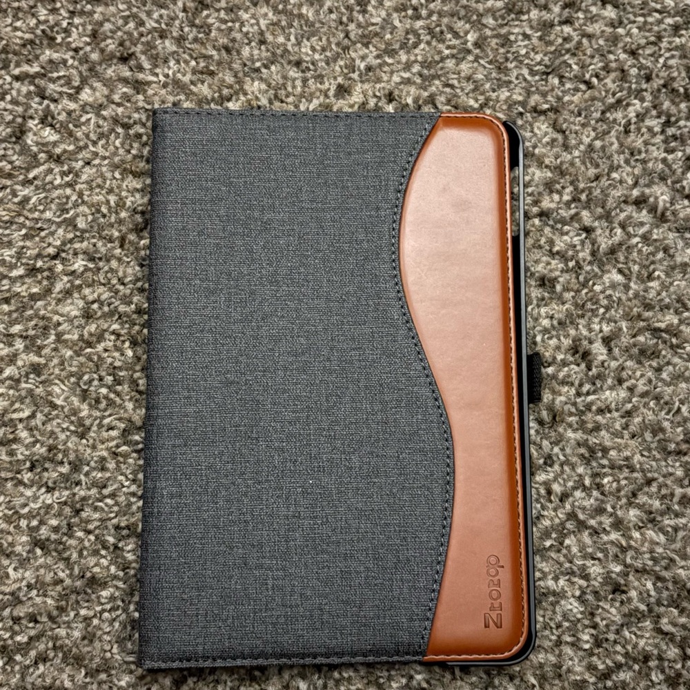 Gray and Brown Tablet Case with Stylus Holder
